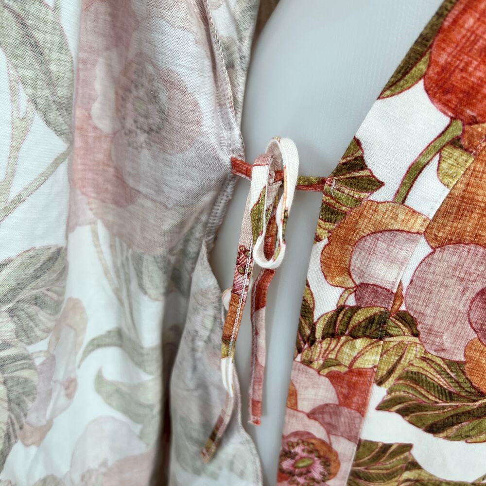 Garnet Hill Floral Satin Robe in Coral, Olive & Cream - Picture 4 of 11